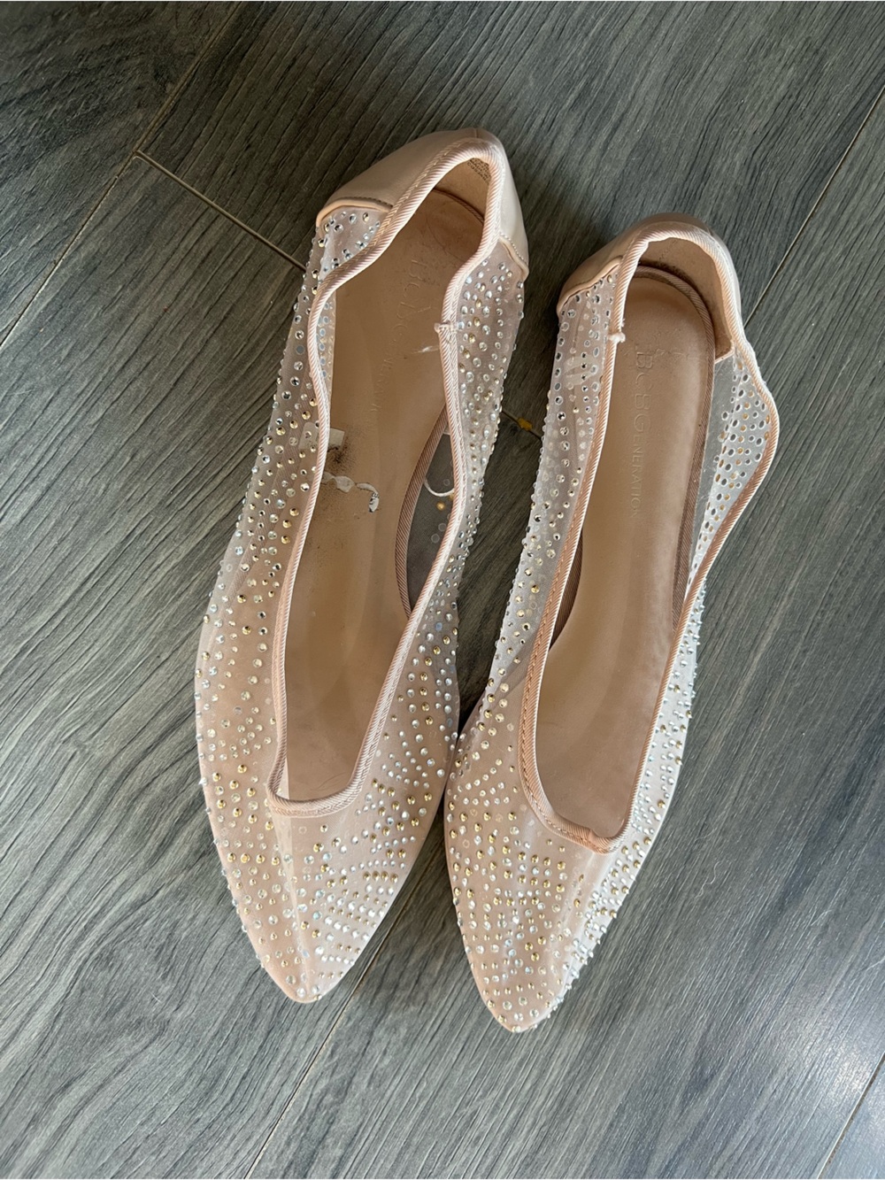 BCBGeneration Nude Crystal-Embellished Pointed Toe Flats
